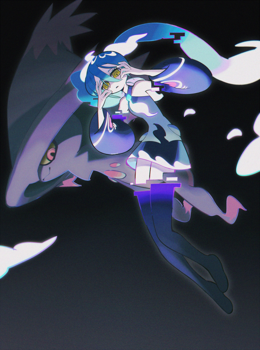 1girl, bare_shoulders, black_skirt, black_sleeves, black_thighhighs, blue_hair, detached_arm, detached_legs