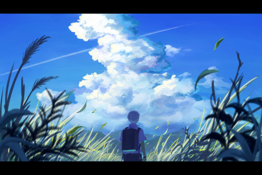 1boy, absurdres, backpack, bag, blue_sky, clouds, contrail, cumulonimbus_cloud