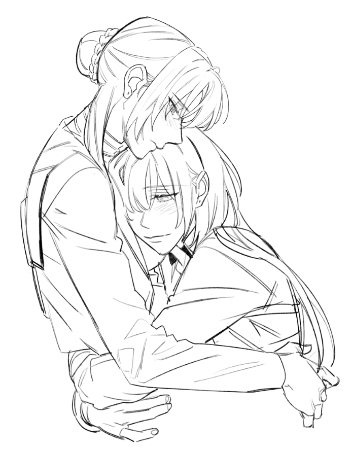 2girls, blush, braid, braided_bun, chief_(path_to_nowhere), closed_mouth, commentary_request, dog_9uk, earrings, female_chief_(path_to_nowhere), greyscale, hair_bun, head_on_chest, head_on_head, head_rest, hug, jewelry, korean_commentary, long_hair, long_sleeves, monochrome, multiple_girls, nightingale_(path_to_nowhere), path_to_nowhere, shirt, stud_earrings, upper_body, yuri