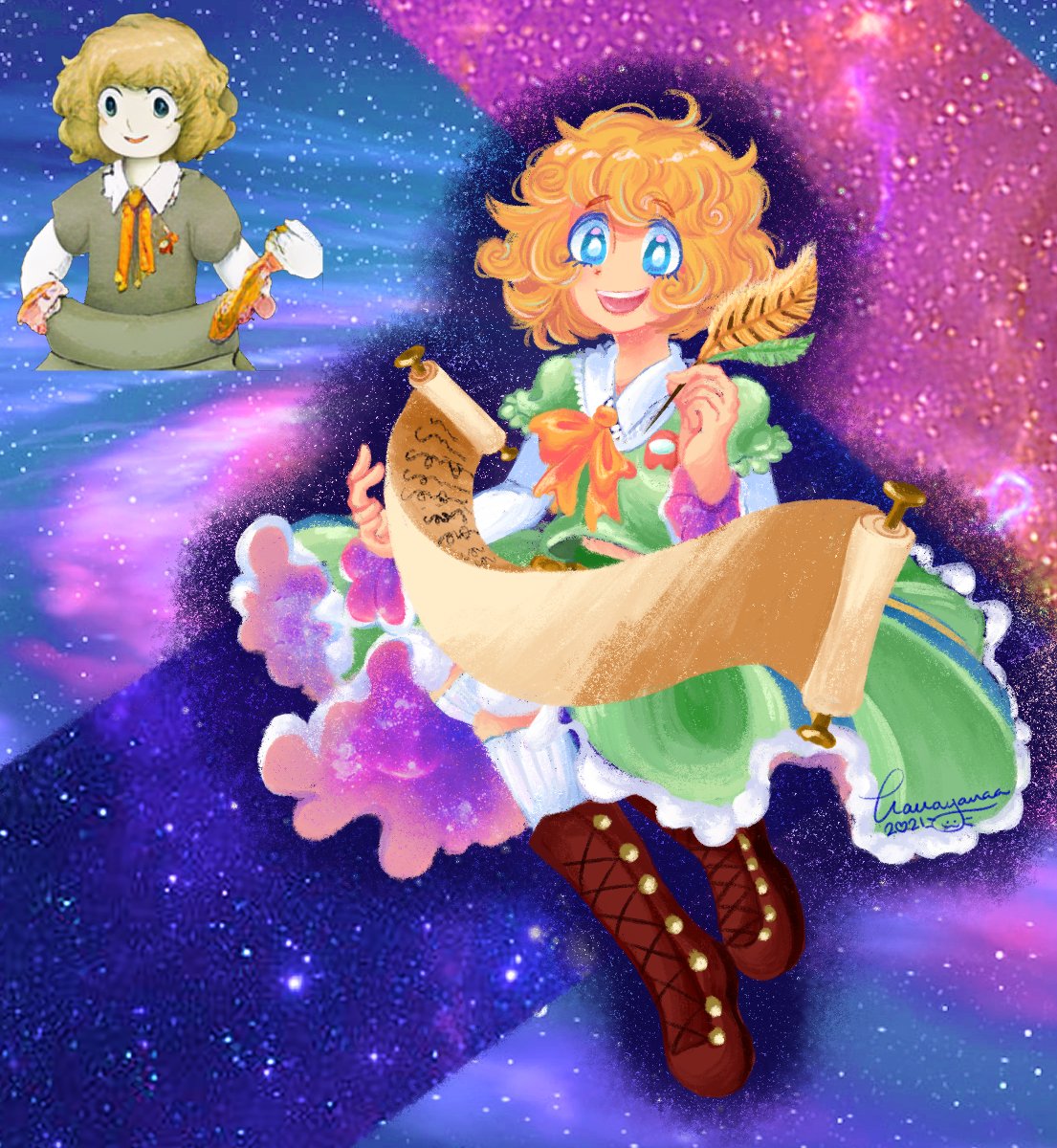 1girl, ai-generated_art_(topic), blonde_hair, blue_eyes, boots, bright_pupils, brown_footwear, collared_shirt, frilled_skirt, frills, green_shirt, green_skirt, hanayanaa, highres, holding, holding_quill, layered_sleeves, long_sleeves, looking_at_viewer, midriff_peek, open_mouth, original, quill, reference_inset, scroll, shirt, short_hair, short_over_long_sleeves, short_sleeves, signature, skirt, smile, solo, touhou, white_pupils