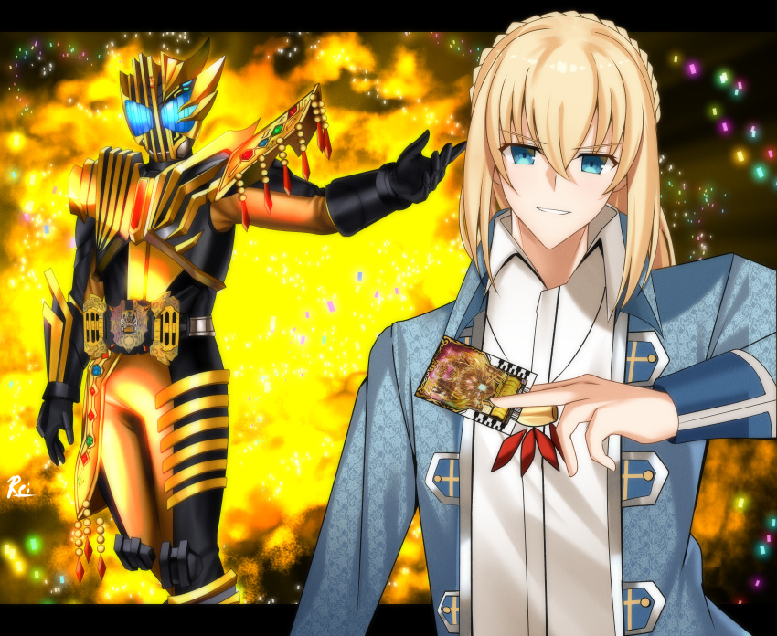 2boys, absurdres, armor, asymmetrical_armor, blonde_hair, blue_eyes, card, driver_(kamen_rider)