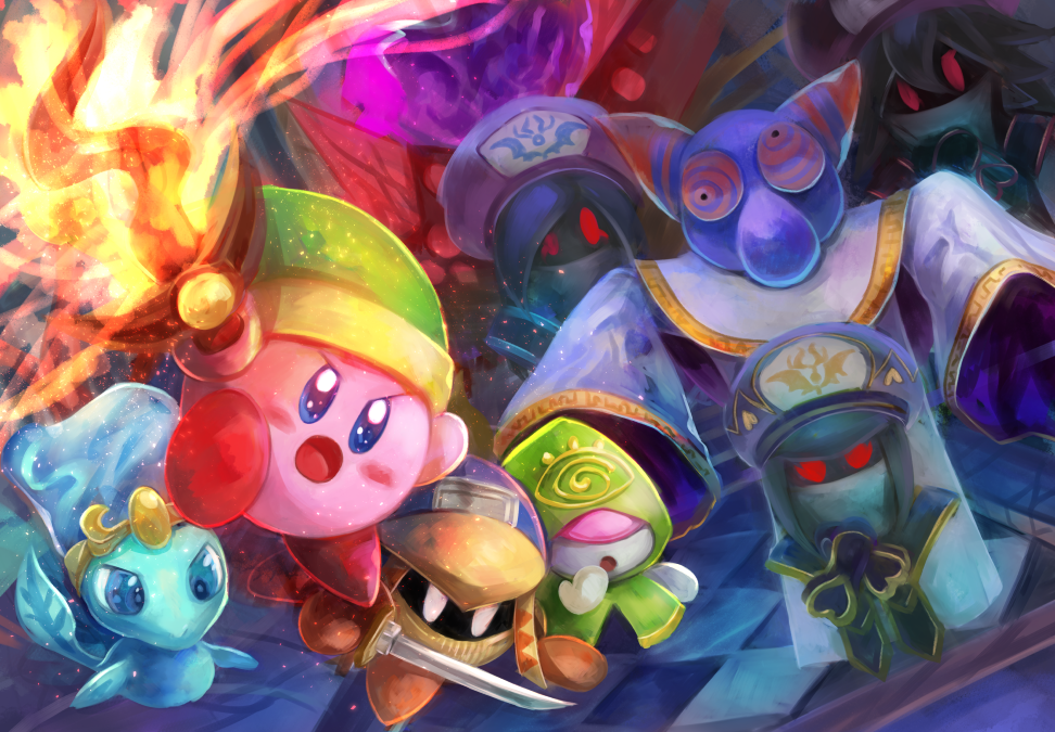 3girls, bio_spark, copy_ability, driblee, flamberge_(kirby), flaming_sword, flaming_weapon, francisca_(kirby)