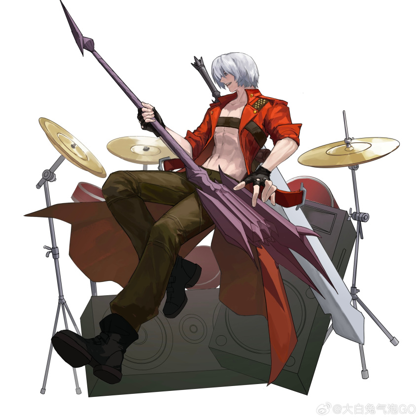 1boy, band, bass_guitar, belt_bra, black_gloves, blue_eyes, boots, coat