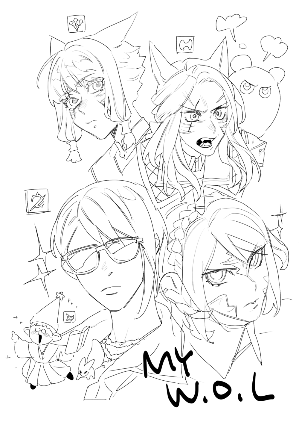 5girls, animal_ears, au_ra, braid, carbuncle_(final_fantasy), cat_ears, closed_mouth, commentary