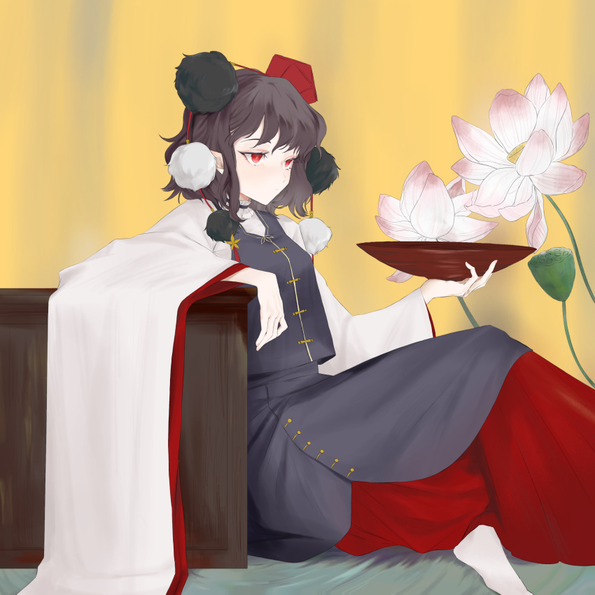 1girl, absurdres, adapted_costume, black_hair, bowl, breasts, closed_mouth, commentary_request