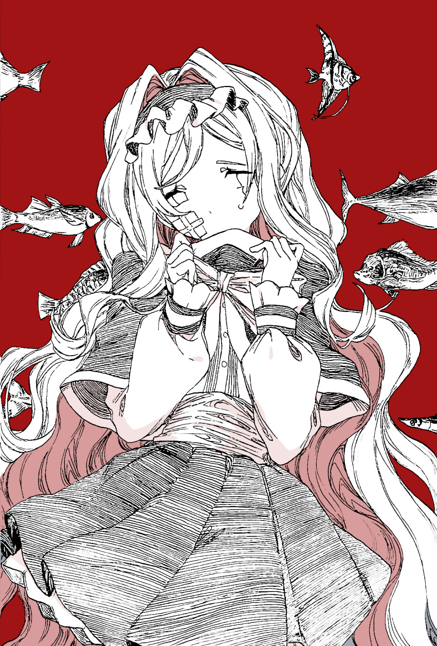 1girl, bandage_on_face, bandages, capelet, character_request, commentary, copyright_request, cowboy_shot