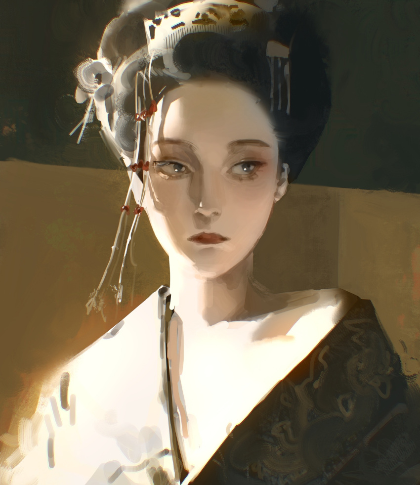 1girl, asian, black_hair, czerwonya, grey_eyes, hair_ornament, highres, japanese_clothes, kanzashi, looking_to_the_side, original, photo-referenced, single_off_shoulder, sketch, solo