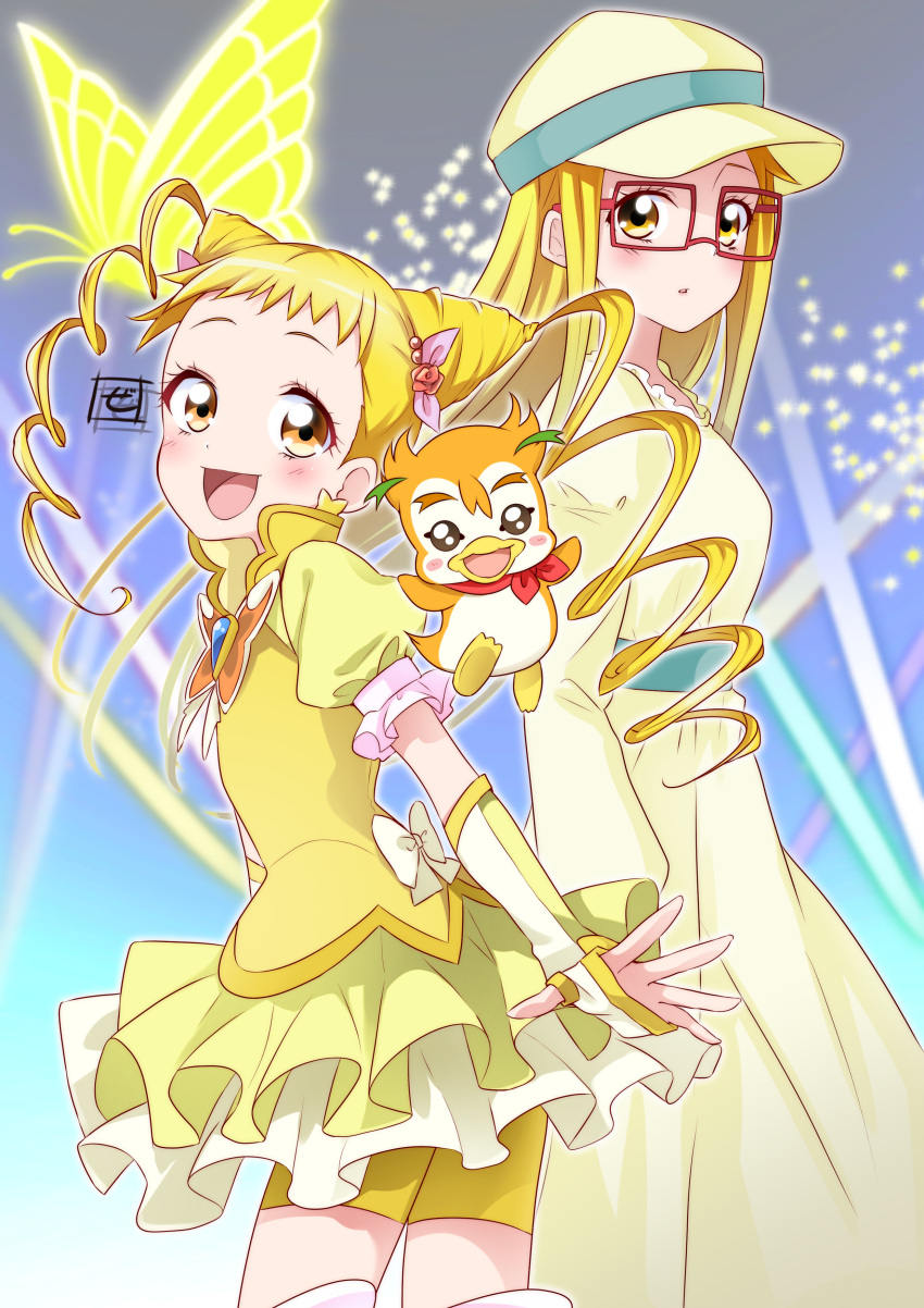 2girls, absurdres, artist_logo, back-to-back, bike_shorts_under_skirt, blonde_hair, blouse, bug, butterfly, butterfly_brooch, cabbie_hat, commentary_request, cone_hair_bun, cure_lemonade, double_bun, dress, dual_persona, frilled_skirt, frills, from_side, glasses, glowing_butterfly, hair_bun, hat, highres, kasugano_urara_(yes!_precure_5), kibou_no_chikara_~otona_precure_'23~, layered_skirt, long_dress, long_hair, long_sleeves, looking_at_viewer, magical_girl, medium_hair, miniskirt, multiple_girls, open_mouth, parted_lips, partial_commentary, precure, puffy_short_sleeves, puffy_sleeves, rectangular_eyewear, red-framed_eyewear, shirt, short_sleeves, shorts, skirt, smile, standing, syrup_(yes!_precure_5), twintails, yellow_dress, yellow_eyes, yellow_shirt, yellow_shorts, yellow_skirt, yes!_precure_5, yes!_precure_5_gogo!, zero-theme