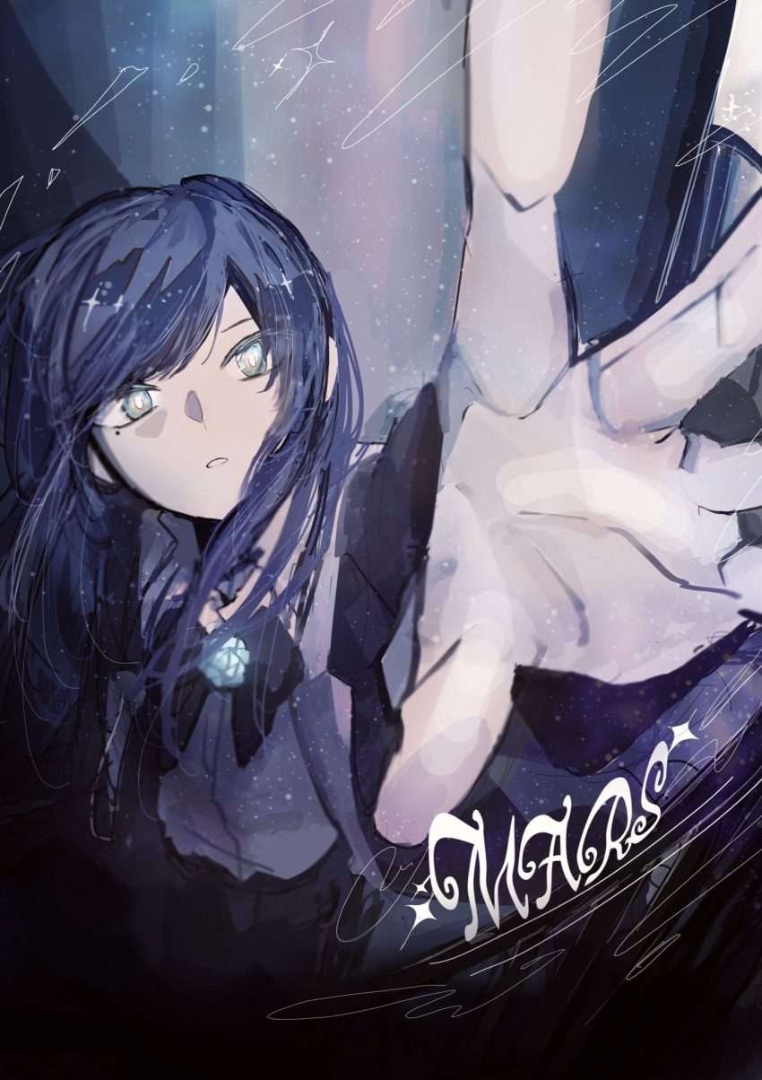 1girl, ado_(utaite), black_bow, black_bowtie, blue_eyes, blue_flower, blue_hair, blue_rose, blurry, blurry_background, bow, bowtie, chando_(ado), cloud_nine_inc, commentary_request, dark_blue_hair, floating_hair, flower, glowing, glowing_eyes, hane_(kakuhane), highres, long_hair, mars_(ado), mole, mole_under_eye, muted_color, outstretched_arm, outstretched_hand, parted_lips, rose, shirt, solo, suit, upper_body, white_shirt