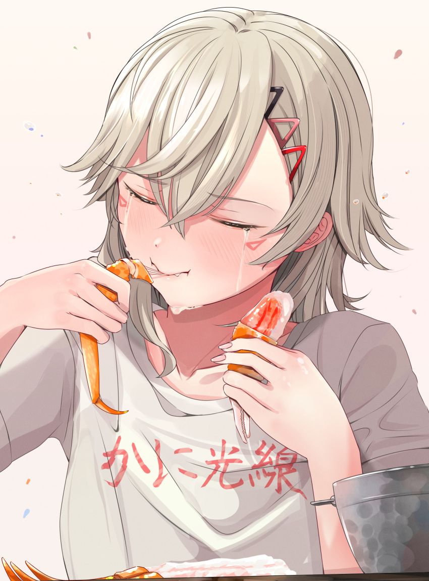 1girl, blush, closed_eyes, clothes_writing, crab, crying, eating, facial_mark, fang, fang_out, food, grey_hair, hair_ornament, hairclip, hatogayar, highres, holding, holding_food, komori_met, long_hair, shirt, solo, t-shirt, tears, translation_request, virtual_youtuber, vspo!