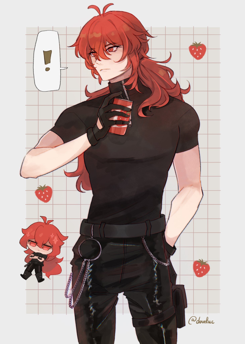 !, 1boy, black_pants, black_shirt, can, chain, chibi, closed_mouth