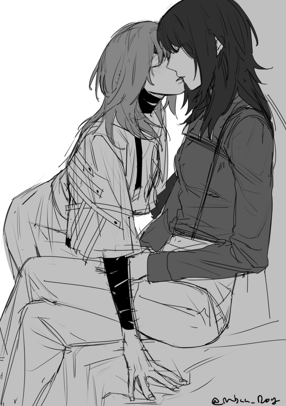 2girls, blush, chief_(path_to_nowhere), choker, closed_eyes, commentary_request, dog_9uk, eyepatch