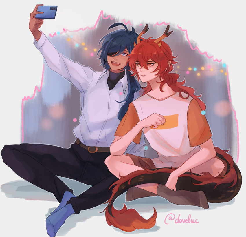 2boys, antlers, belt, black_pants, black_tail, blue_hair, brown_shorts, cellphone