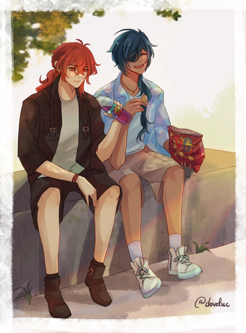 2boys, alternate_costume, blue_hair, boots, bottle, brown_footwear, brown_jacket, brown_pants