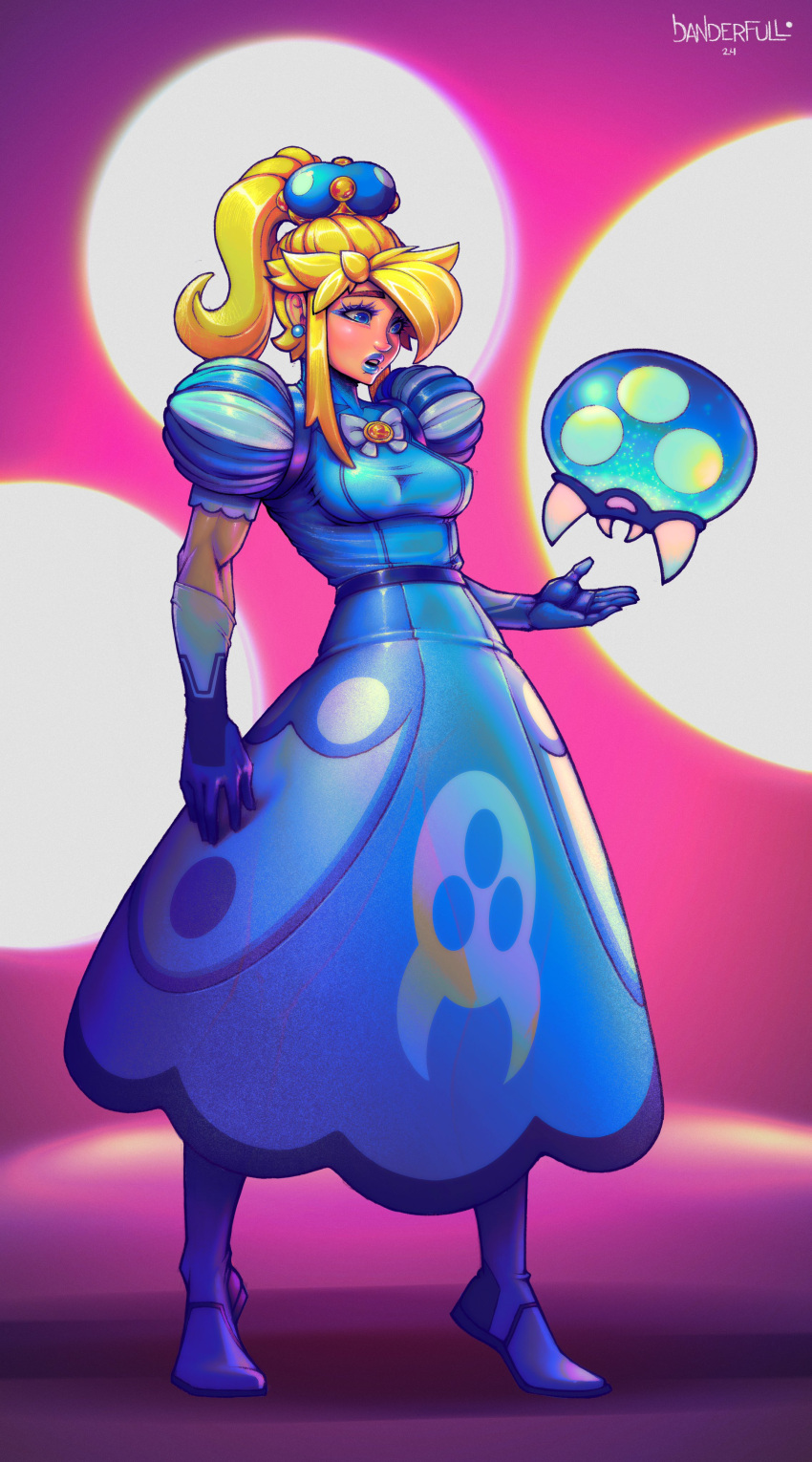 absurdres, blonde_hair, blue_dress, blue_footwear, blue_gloves, blue_lips, danderfull, dress