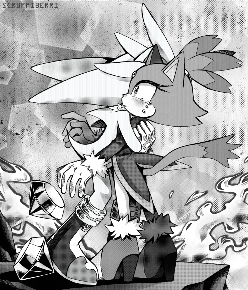 1boy, 1girl, blaze_the_cat, blush, chaos_emerald, commentary, crying, english_commentary