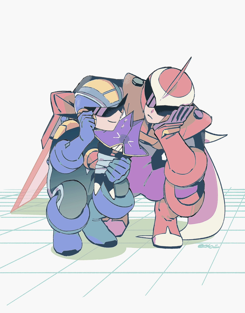 >_<, 2boys, arm_blade, hand_on_own_face, helmet, highres, long_hair, looking_at_another