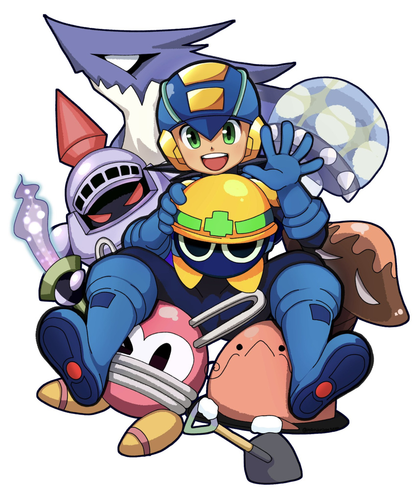>_o, 1boy, black_eyes, commentary_request, facial_hair, green_eyes, helmet, highres, holding, holding_sword, holding_weapon, irotoridori2024, knight, male_focus, mega_man_(series), mega_man_battle_network_(series), mega_man_battle_network_3, megaman.exe, mustache, one_eye_closed, red_eyes, shovel, sitting, smile, sword, weapon