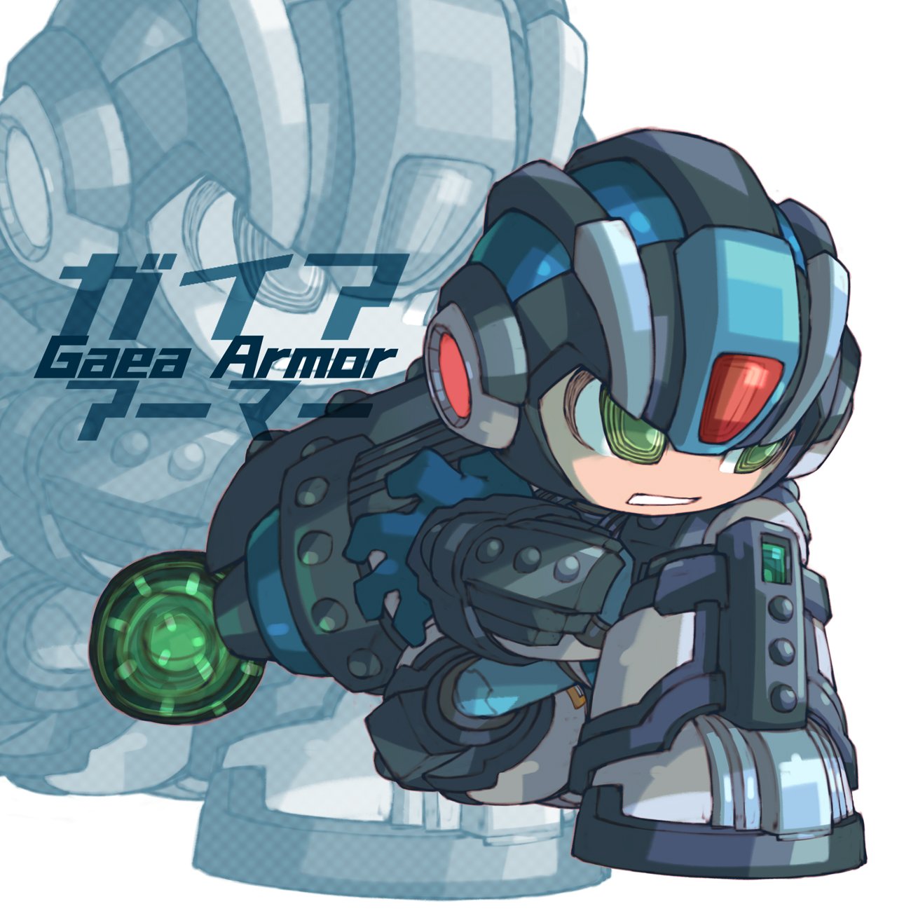 1boy, android, arm_cannon, english_commentary, english_text, gaea_armor_x_(mega_man), green_eyes, helmet