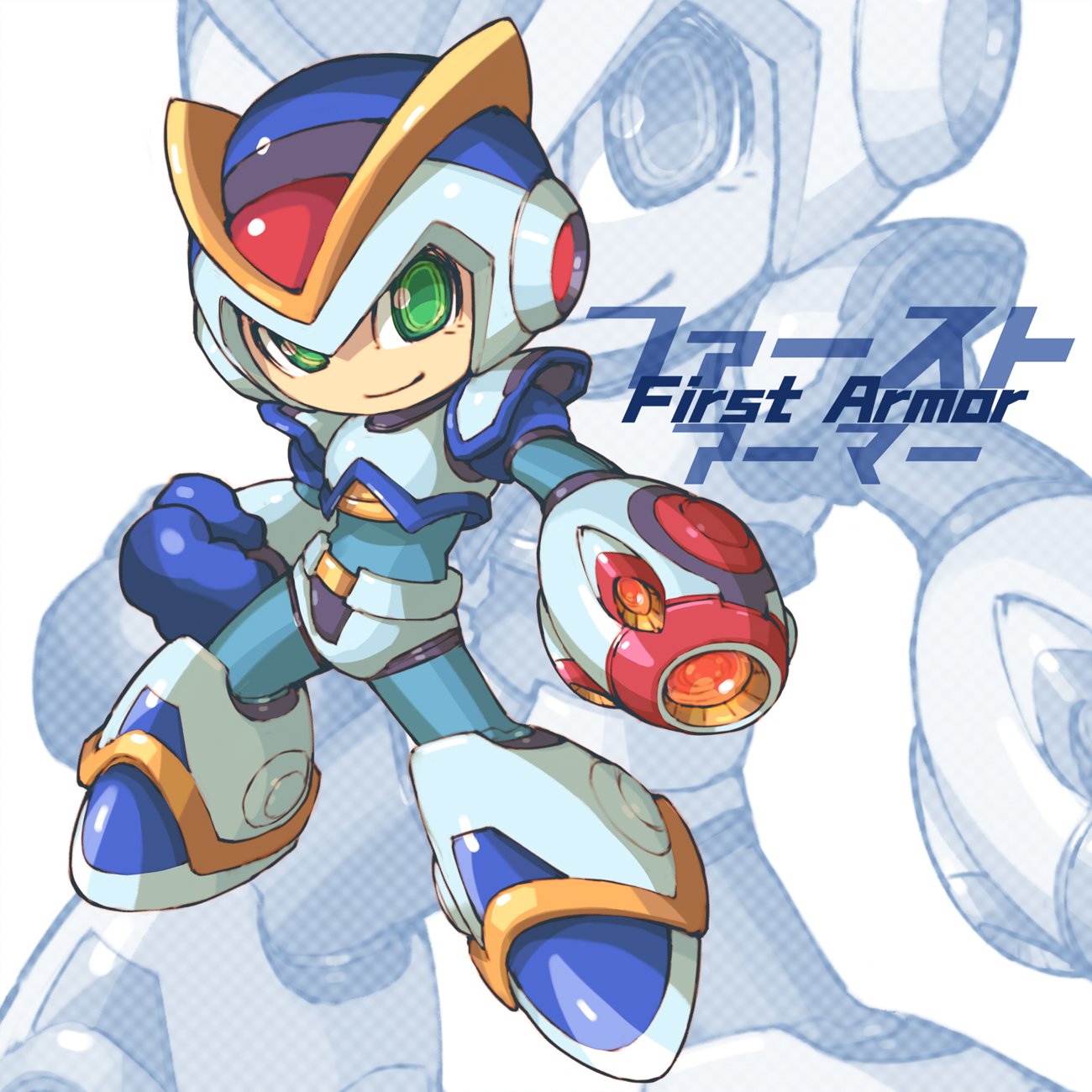 1boy, android, arm_cannon, english_commentary, english_text, first_armor_x_(mega_man), green_eyes, helmet