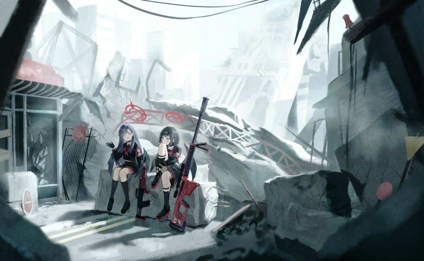2girls, anti-materiel_rifle, anzio_ironworks_20mm_rifle, armband, assault_rifle, black_choker, black_footwear, black_gloves