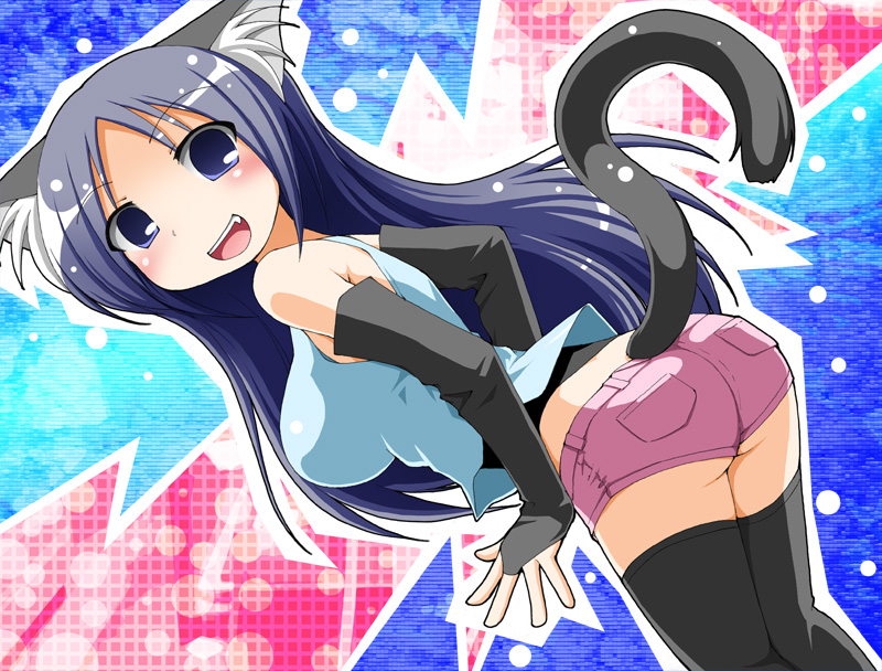 ass, blue_eyes, blue_hair, breasts, bridal_gauntlets, cat_ears, cat_tail, earth_ekami, fang, large_breasts, long_hair, original, short_shorts, shorts, solo, tail, thigh-highs, thighhighs