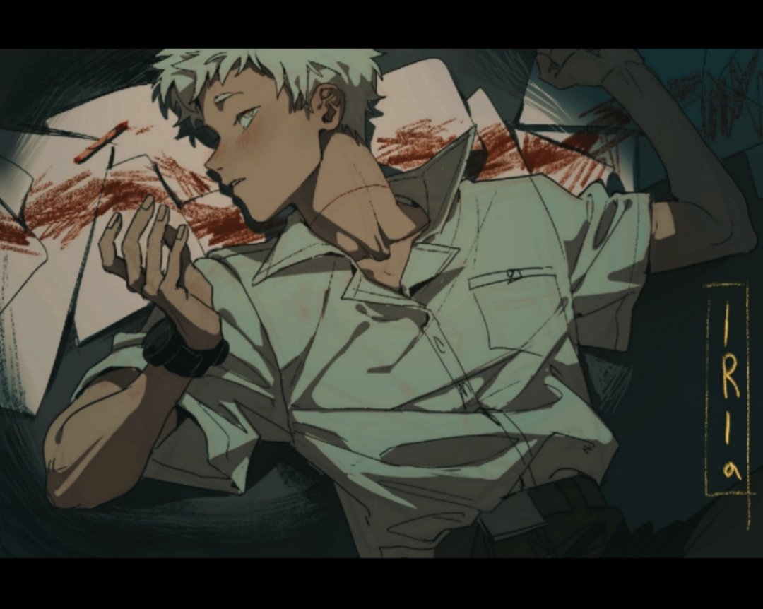 1boy, arm_up, belt, black_belt, blush, brown_eyes, collarbone, collared_shirt