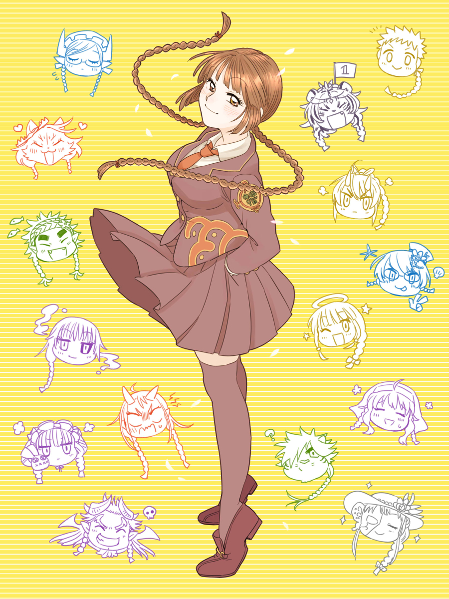 1girl, alice_(housamo), arc_(housamo), benten_(housamo), blush, braid, brown_footwear, brown_hair
