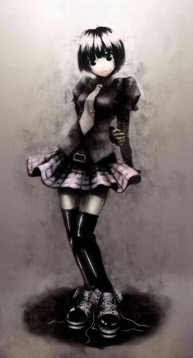 1girl, arm_behind_back, black_eyes, black_footwear, black_hair, black_pantyhose, black_shirt, black_thighhighs