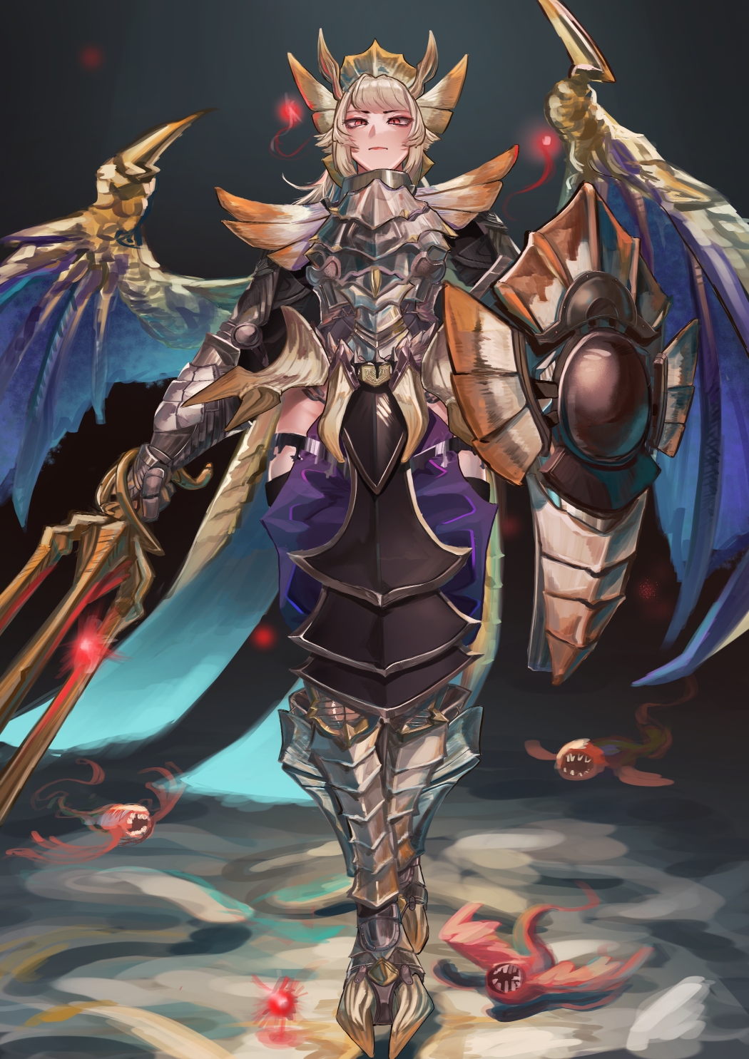 1girl, armor, armored_boots, black_garter_straps, blonde_hair, blue_skin, boots, breastplate, coattails, colored_skin, commentary_request, dragon_wings, full_body, garter_straps, gauntlets, gold_skin, grey_background, highres, holding, holding_sword, holding_weapon, knight, light_particles, looking_at_viewer, looking_down, malzeno_(monster_hunter), monster_hunter_(series), pale_skin, pauldrons, personification, primordial_malzeno_(monster_hunter), pursed_lips, qurio_(monster_hunter), red_eyes, red_skin, sharp_teeth, shield, shoulder_armor, solo, spikes, standing, sword, teda_(teba3939), teeth, thigh_boots, tiara, weapon, wings