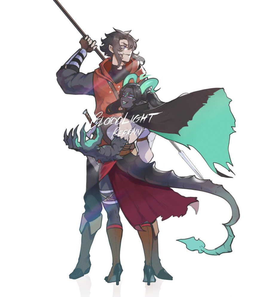 1boy, 1girl, black_hair, bloodlight_(nyantcha), blue_eyes, boots, cape, colored_skin