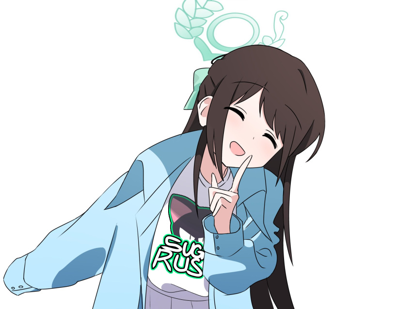 1girl, :d, airi_(blue_archive), blue_archive, blue_jacket, blush, bow, brown_hair