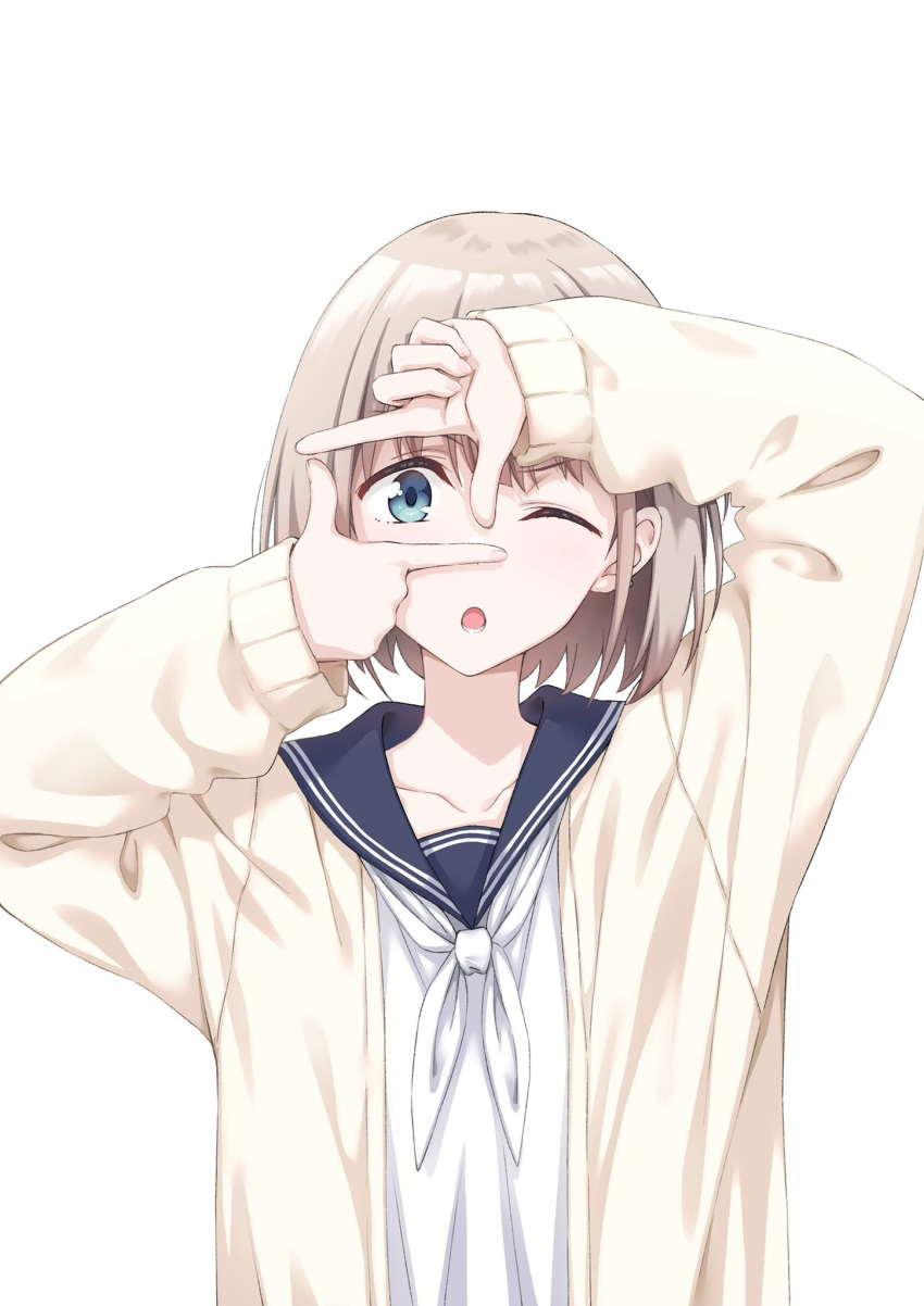 1girl, :o, blue_eyes, blue_sailor_collar, blush, bob_cut, brown_hair, cardigan, collarbone, finger_frame, hair_between_eyes, hands_up, highres, huang_heting, idolmaster, idolmaster_shiny_colors, long_bangs, long_sleeves, looking_at_viewer, lower_teeth_only, neckerchief, one_eye_closed, open_cardigan, open_clothes, open_mouth, sailor_collar, school_uniform, serizawa_asahi, shirt, short_hair, sidelocks, simple_background, sleeves_past_wrists, solo, straight-on, teeth, upper_body, white_background, white_neckerchief, white_shirt, yellow_cardigan