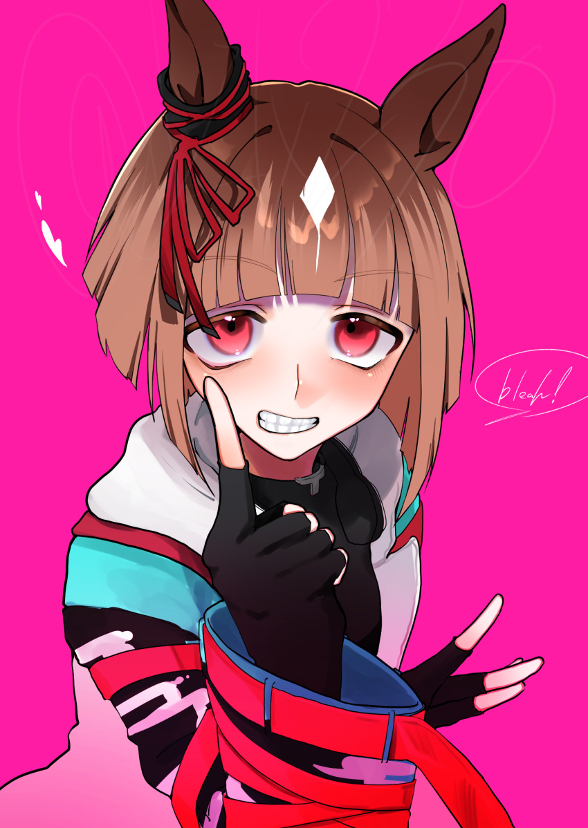 1girl, animal_ears, black_sweater, blunt_bangs, brown_hair, commentary_request, glasses, grin, highres, horse_ears, horse_girl, index_finger_raised, long_sleeves, looking_at_viewer, multicolored_hair, partial_commentary, pink_background, pointing, pointing_at_viewer, red-framed_eyewear, red_eyes, short_hair, simple_background, sleeves_past_wrists, smile, solo, streaked_hair, sweater, transcend_(umamusume), tsukasa_(avdx5538), umamusume, white_hair