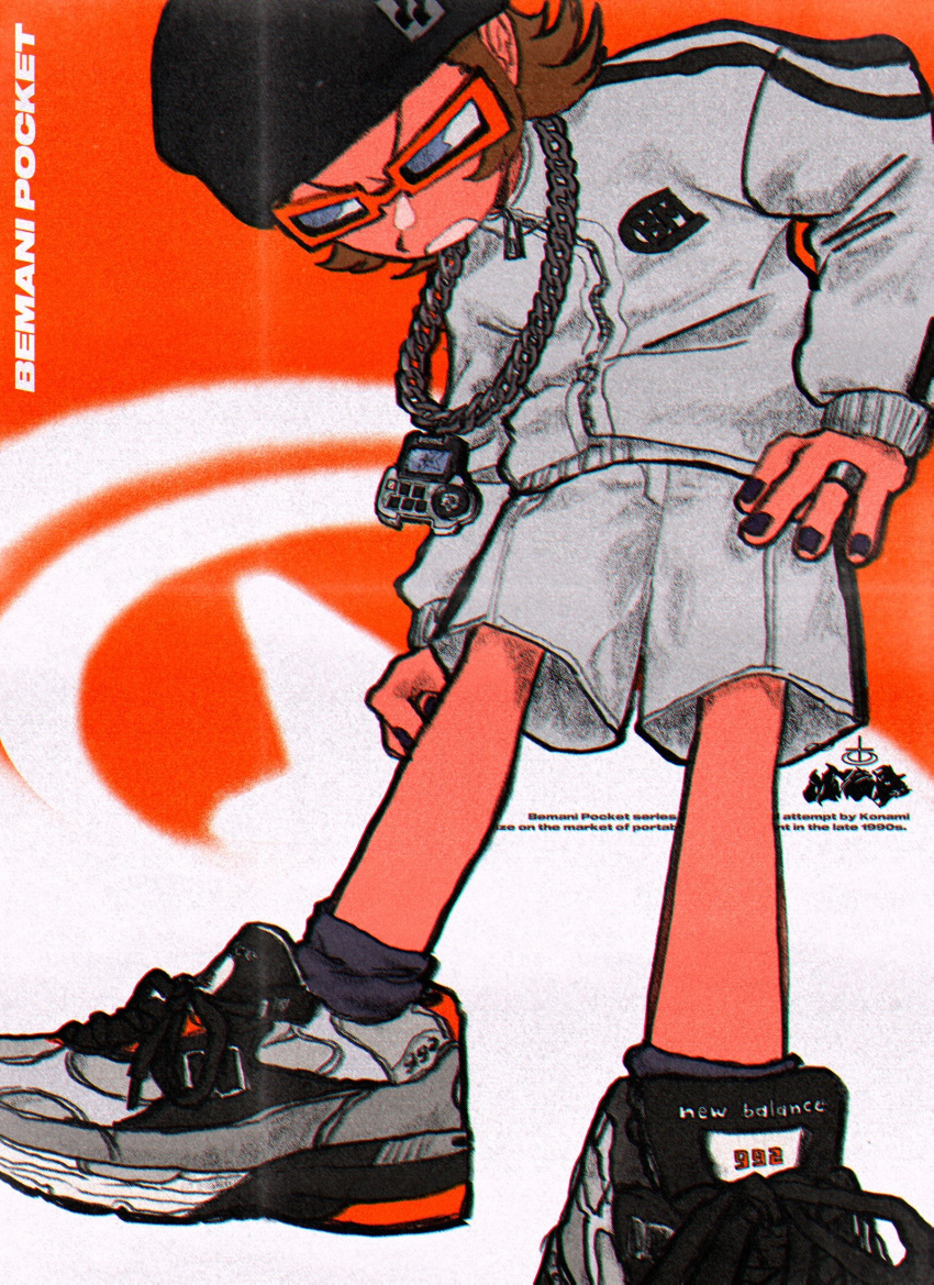 1boy, amenoichi, beanie, black_hat, black_nails, brown_hair, chain_necklace, grey_footwear, grey_jacket, grey_shorts, grey_socks, hat, highres, jacket, jewelry, leaning_forward, looking_down, male_focus, mzd, necklace, pop'n_music, red-framed_eyewear, shoes, short_hair, shorts, silver_ring, sneakers, socks, solo