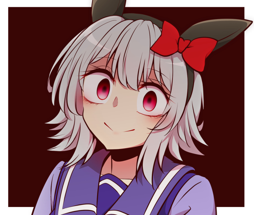 1girl, animal_ears, border, bow, brown_background, curren_chan_(umamusume), ear_bow, ear_covers