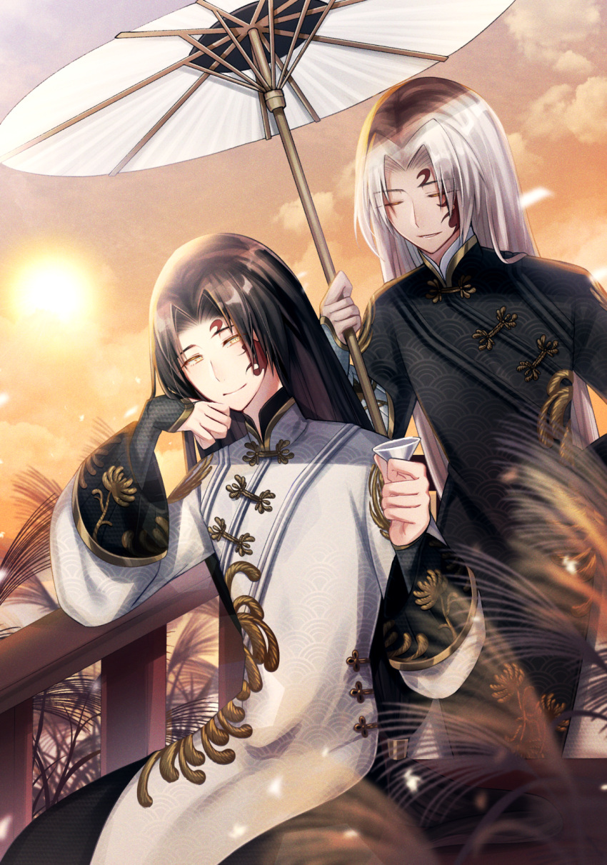 2boys, arm_behind_back, black_hair, black_pants, black_robe, changpao, chinese_clothes, chrysanthemum_print