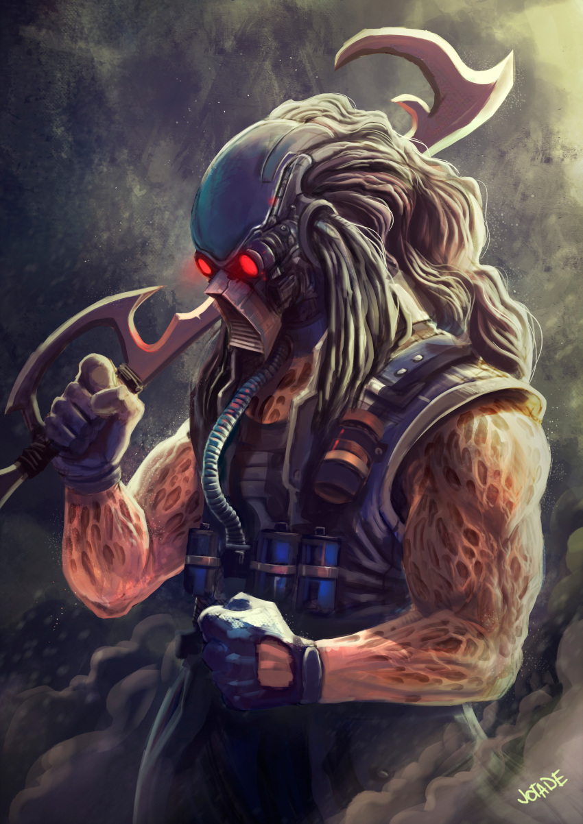 1boy, absurdres, armor, artist_name, black_gloves, commentary, english_commentary, gloves, glowing, highres, holding, holding_weapon, juandiegoleon, kabal, male_focus, mask, mortal_kombat, mortal_kombat_(series), mortal_kombat_11, muscular, scar, scar_on_arm, solo, upper_body, weapon