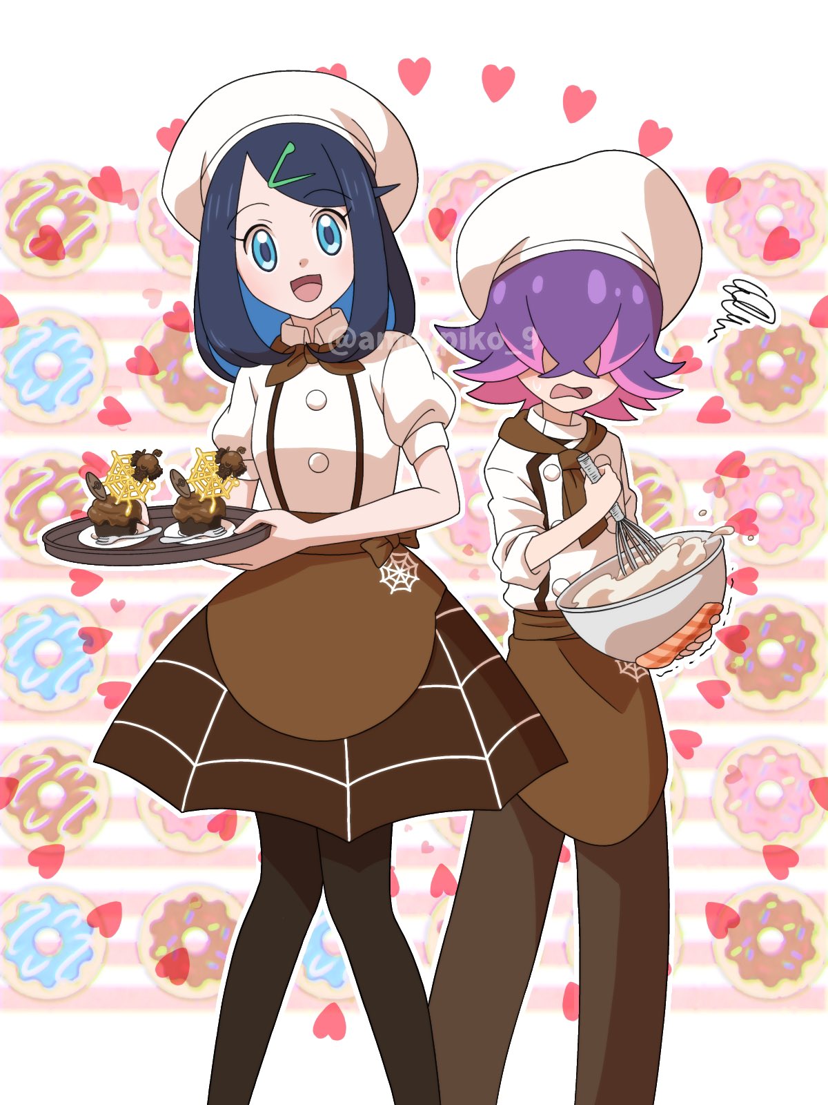 2girls, amedamaneko, apron, ascot, black_hair, blush, brown_apron, brown_ascot