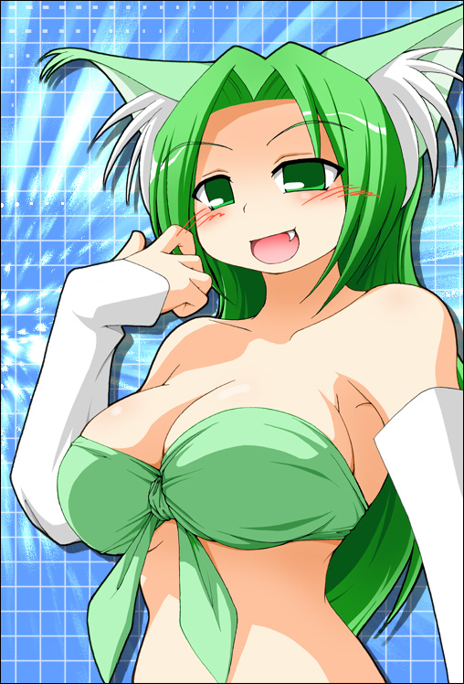 animal_ears, breasts, cat_ears, detached_sleeves, earth_ekami, fang, front-tie_top, green_eyes, green_hair, large_breasts, long_hair, monster_girl, nekomata, original, solo
