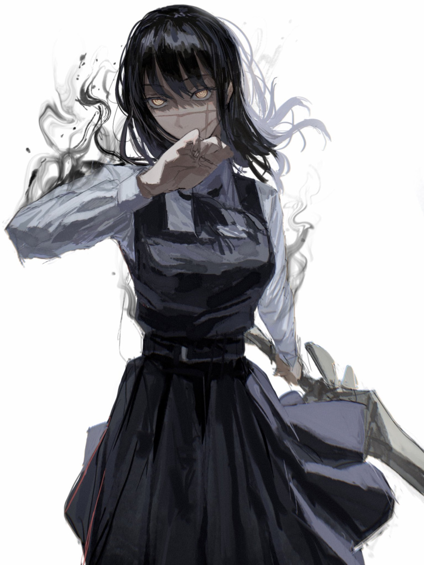 1girl, aura, black_dress, black_hair, black_ribbon, chainsaw_man, cowboy_shot, dress