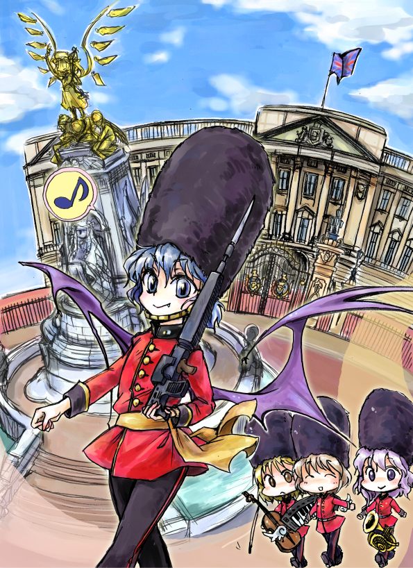 blue_eyes, blue_hair, bow_(instrument), buckingham_palace, fang, flandre_scarlet, foot_guard, grenadier_guards