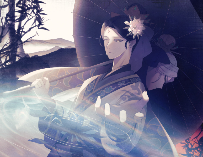 2boys, back-to-back, bamboo, black_hair, black_robe, black_sash, chinese_clothes, closed_mouth, cloud_print, epiphyllum, expressionless, facial_mark, fan_wujiu, fan_wujiu_(master_yin_yang), flower, flower_ornament, forehead_mark, grey_hair, hair_bun, hair_flower, hair_ornament, hair_ribbon, hanfu, highres, holding, holding_umbrella, identity_v, leaf, look-alike, looking_at_viewer, male_focus, mountain, multiple_boys, official_alternate_costume, oil-paper_umbrella, open_hand, parted_bangs, ponita, profile, purple_ribbon, purple_umbrella, ribbon, ripples, robe, sash, sideways_glance, single_hair_bun, single_tear, tears, umbrella, upper_body, white_flower, white_robe, xiao_guan_(headdress), xie_bian, xie_bian_(master_yin_yang), yellow_eyes, zuiyin