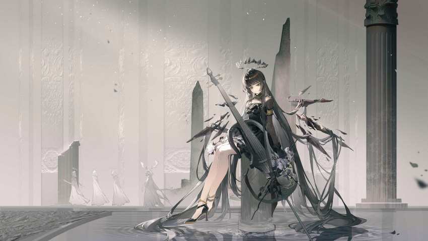 1girl, absurdres, anklet, arknights, bare_legs, black_footwear, black_gloves, black_hair