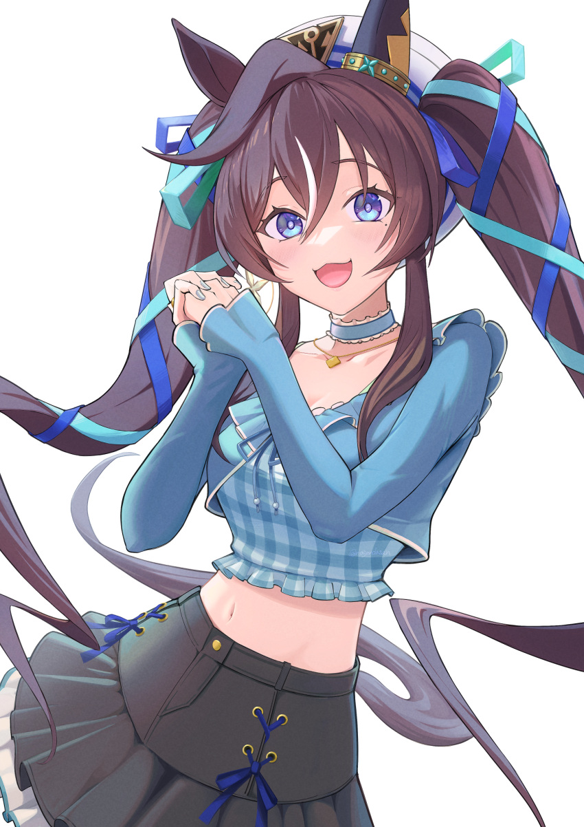 1girl, animal_ears, black_skirt, blue_eyes, blue_ribbon, blue_shirt, brown_hair, casual, commentary, ear_covers, hair_between_eyes, hair_ribbon, highres, horse_ears, horse_girl, horse_tail, kanpiro, long_hair, looking_at_viewer, midriff, mole, mole_under_eye, multicolored_hair, navel, ribbon, shirt, simple_background, single_ear_cover, skirt, solo, streaked_hair, tail, twintails, umamusume, vivlos_(umamusume), white_background