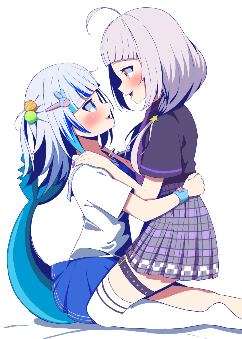 2girls, absurdres, black_shirt, blue_eyes, blue_hair, blue_skirt, blunt_bangs, blush