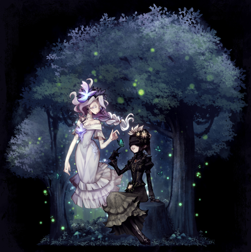 2girls, arm_support, black_background, black_blindfold, black_border, black_dress, black_flower, black_footwear