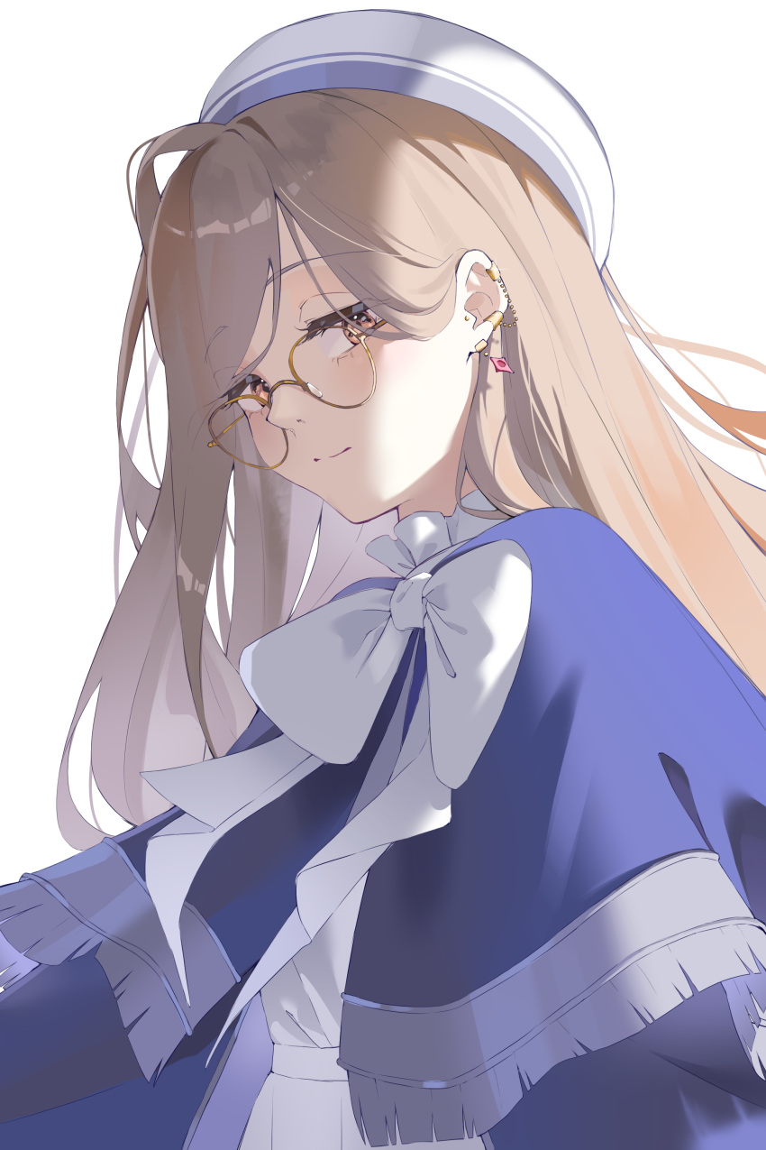 1girl, absurdres, bespectacled, blue_capelet, blush, bow, brown_eyes, brown_hair