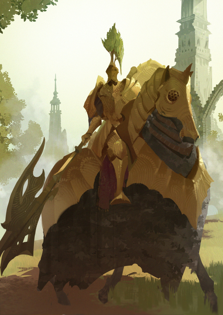 1boy, absurdres, armor, armored_animal, breastplate, chaoskin, elden_ring, full_armor, gauntlets, gold_armor, halberd, helmet, highres, holding, holding_polearm, holding_shield, holding_weapon, horse, horseback_riding, outdoors, pauldrons, plate_armor, polearm, riding, shield, shoulder_armor, tree_sentinel, weapon