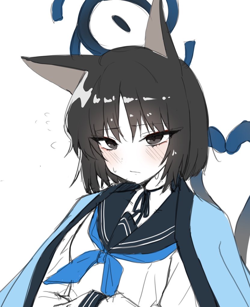 1girl, animal_ears, black_eyes, black_hair, blue_archive, cat_ears, dragonchicken02, halo
